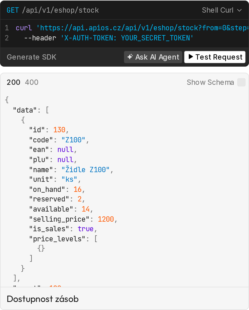 Stav skladu pro e-shop — GET /api/v1/eshop/stock v dokumentaci API