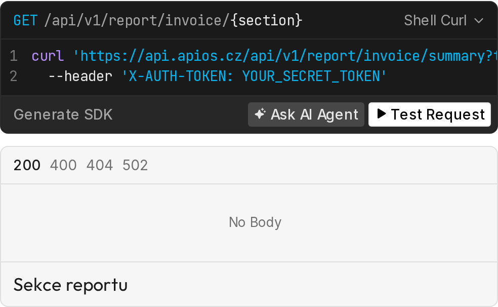 Sekce reportu faktur — GET /api/v1/report/invoice/{section} v dokumentaci API